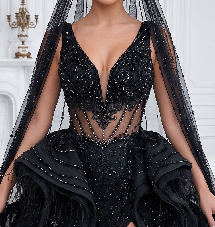 Illusion – schwarzes Hochzeitskleid von frecH – Detail