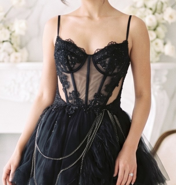 Tempête – schwarzes Hochzeitskleid von frecH – Detail